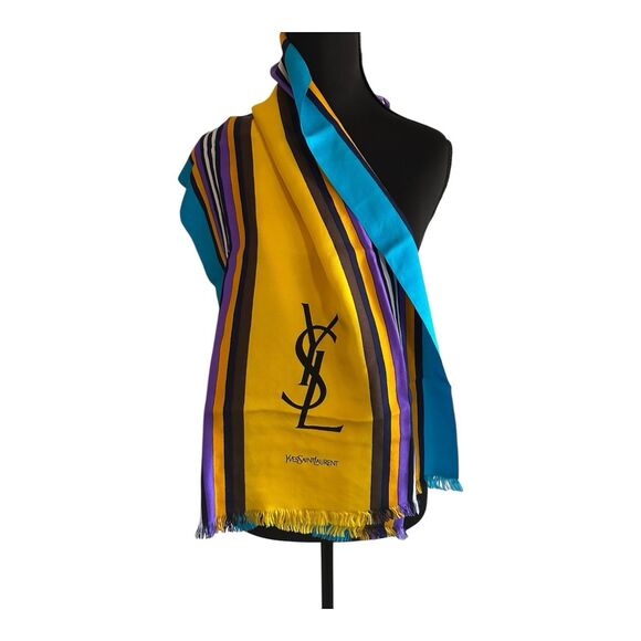 Yves Saint Laurent Multi Color Striped Silk Scarf Shawl Wrap 17”x 64” Vintage - Picture 1 of 4